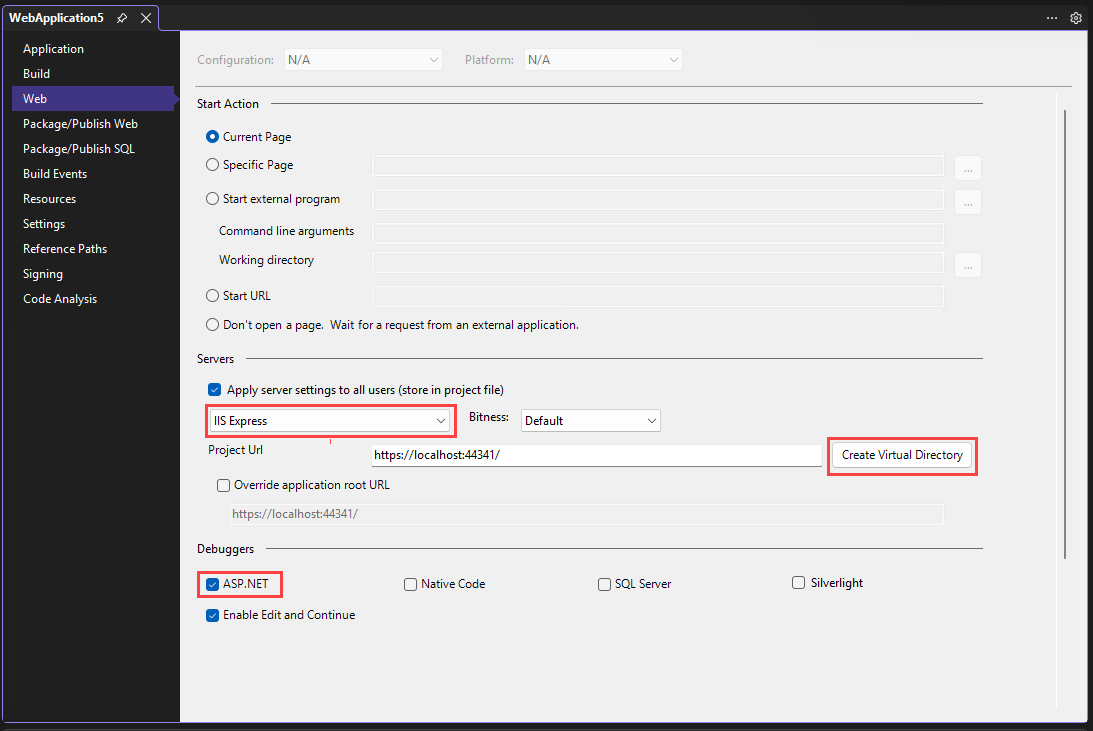 Capture d’écran montrant ASP.NET paramètres du débogueur.
