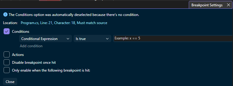 Screenshot montrant comment définir un point d’arrêt conditionnel dans Visual Studio.