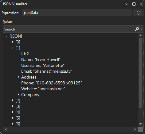 Capture d’écran montrant le visualiseur de chaîne JSON.