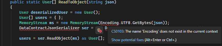 Screenshot montrant comment utiliser l’ampoule pour corriger le code dans Visual Studio.