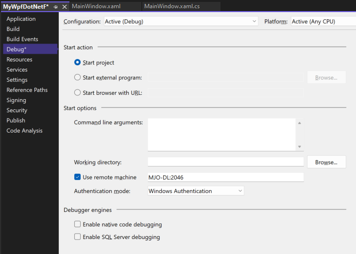 Capture d'écran de l’onglet Débogage dans les propriétés du projet Visual Studio. La propriété Utiliser une machine distante est définie sur « MJO-DL :4026 ».