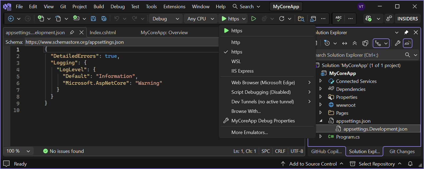 Capture d’écran montrant le bouton https mis en surbrillance dans la barre d’outils de Visual Studio.