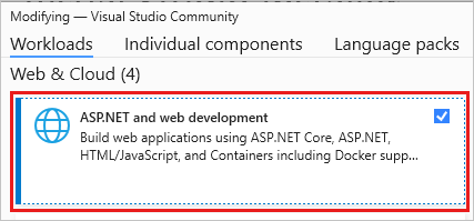 Capture d’écran montrant la modification d’une charge de travail dans Visual Studio Installer.