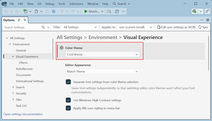 Screenshot qui montre la modification du thème de couleur par Cool Breeze dans Visual Studio.