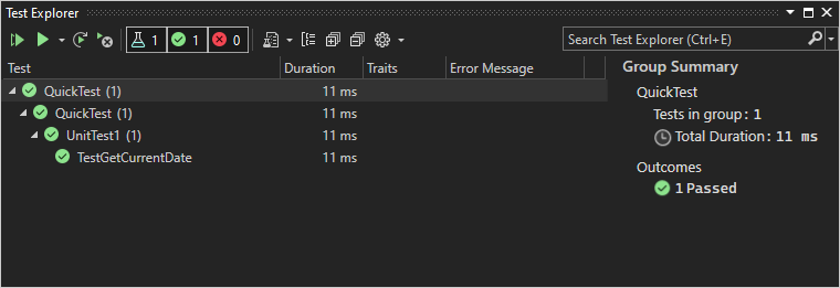 Screenshot de l’Explorateur de tests dans Visual Studio montrant que le test TestGetCurrentDate a réussi.