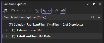 Screenshot d’un fichier de filtre de solution ouvert dans Visual Studio Explorateur de solutions.