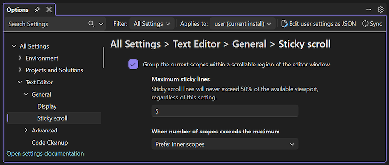 Capture d’écran des options d’étendue interne et externe pour Sticky Scroll.