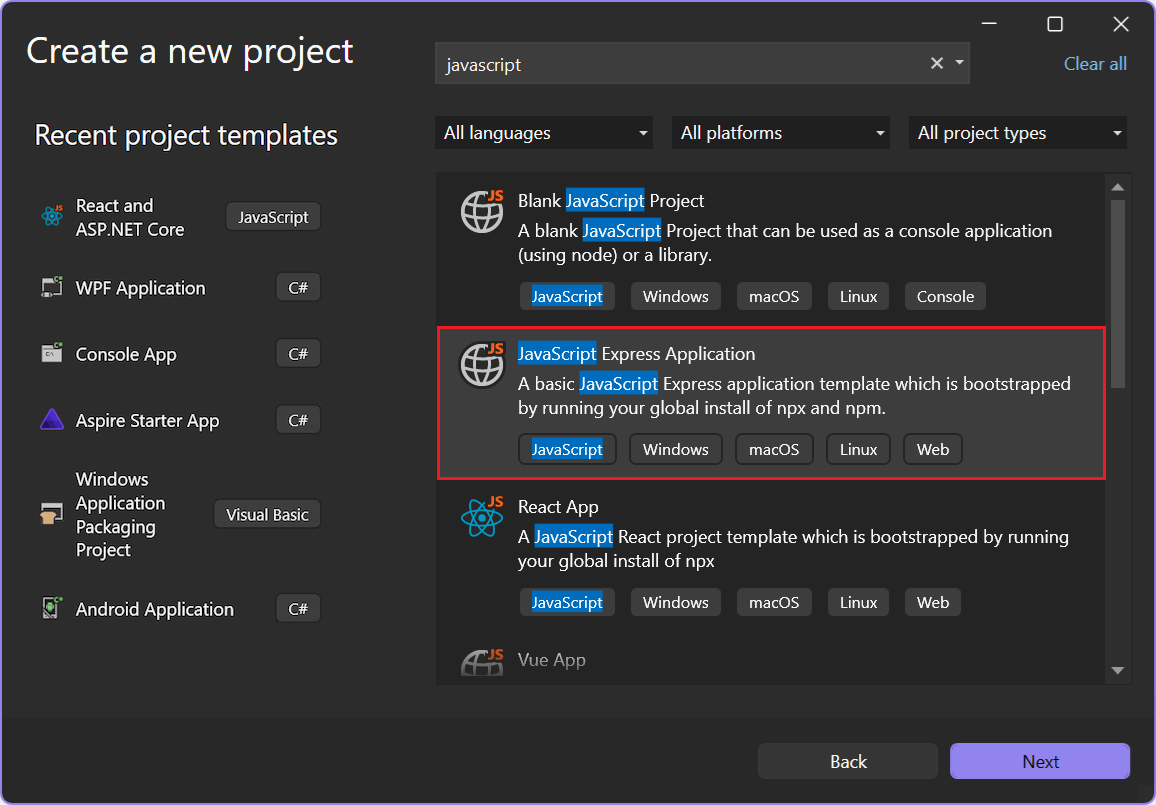 Screenshot qui montre comment utiliser le filtre « Rechercher des modèles » pour rechercher des modèles JavaScript dans la fenêtre de démarrage Visual Studio.