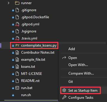 Capture d’écran montrant comment définir le fichier Python contemplate koans comme élément de démarrage dans Visual Studio.