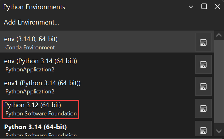Capture d’écran d’un environnement non valide dans la fenêtre Environnements Python.