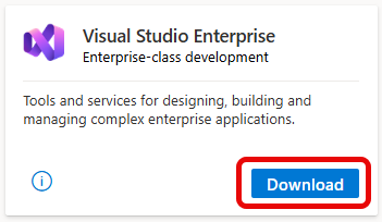 Screenshot de la vignette Visual Studio Enterprise et le bouton « Télécharger » associé.