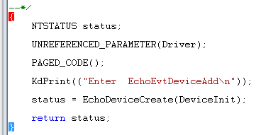 Capture d’écran de la fenêtre de code avec un caractère d’accolade mis en surbrillance au début de la routine AddDevice.