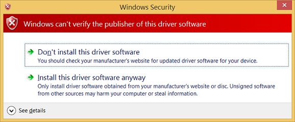 Capture d’écran de l’avertissement de sécurité Windows indiquant que Windows ne peut pas vérifier l’éditeur du logiciel de pilote.