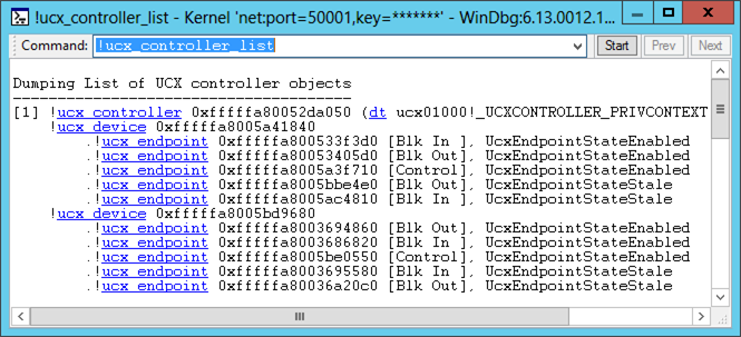 Capture d’écran de la sortie de la commande !ucx-controller-list affichant les contrôleurs hôtes USB&nbsp;3.0, les appareils connectés et les points de terminaison.