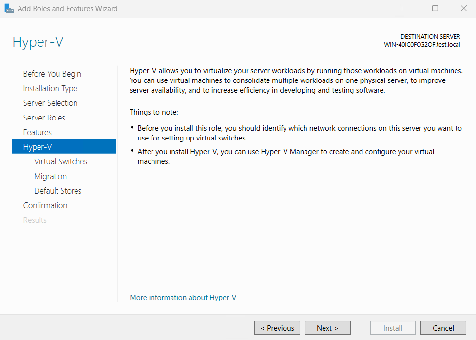 Capture d’écran de Hyper-V paramètres d’installation.
