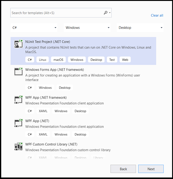 Créer une application projet de test NUnit