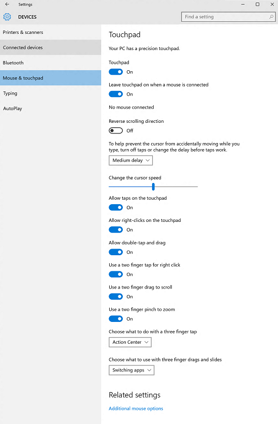 Paramètres du Touchpad de précision Windows