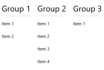 Capture d’écran d’une vue de liste horizontale groupée.