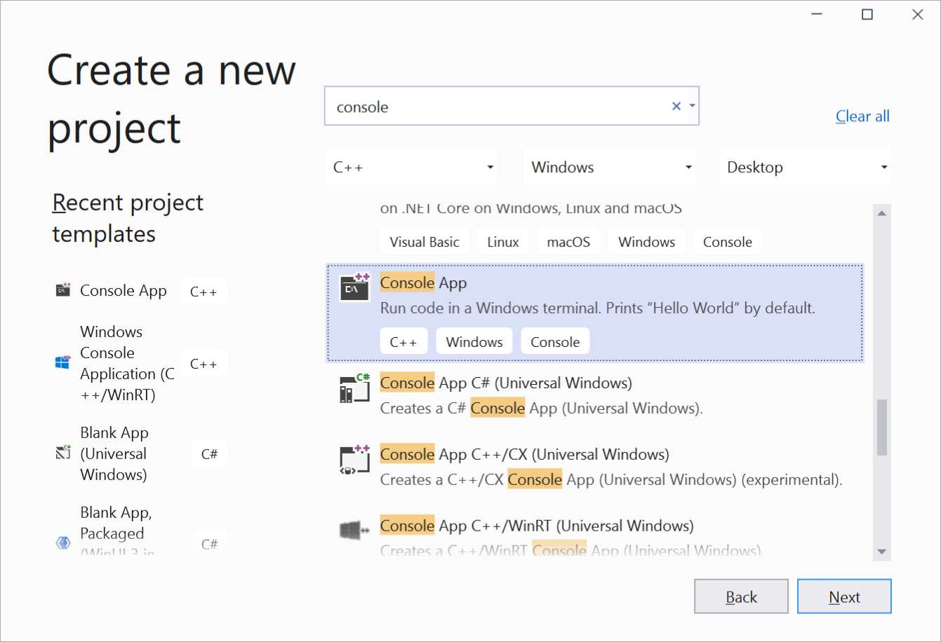 Screenshot de création d’une application C++ dans Visual Studio