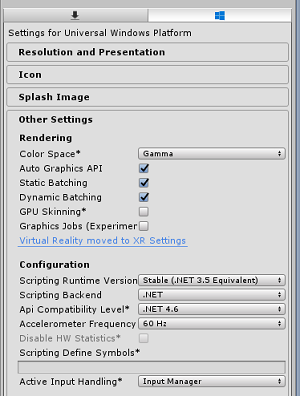 Capture d’écran montrant la page Paramètres pour plateforme Windows universelle.
