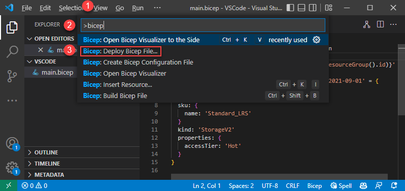 Screenshot di Distribuire file Bicep nel menu di scelta rapida.