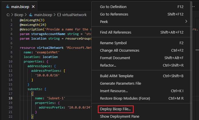 Screenshot dell'opzione Distribuisci file Bicep.