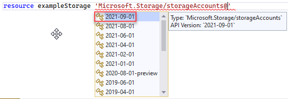Screenshot della selezione della versione dell'API per il tipo di risorsa.