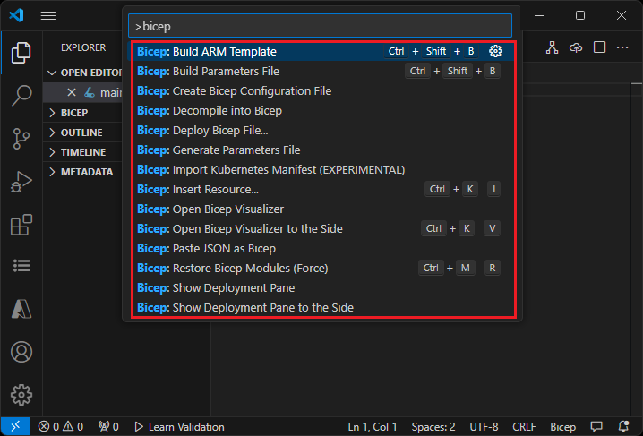 Screenshot dei comunica Visual Studio Code Bicep nel riquadro comandi.
