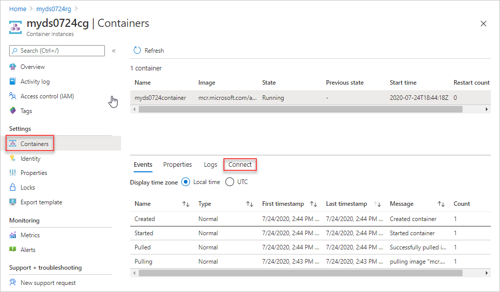 Schermata dell'opzione per connettere un'istanza di contenitore dello script di distribuzione nel portale di Azure.