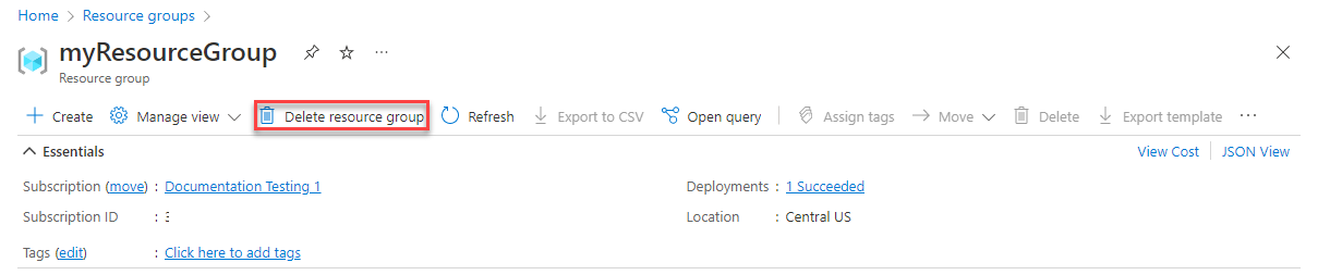 Screenshot del portale di Azure con l'opzione Elimina gruppo di risorse evidenziata nella visualizzazione gruppo di risorse.