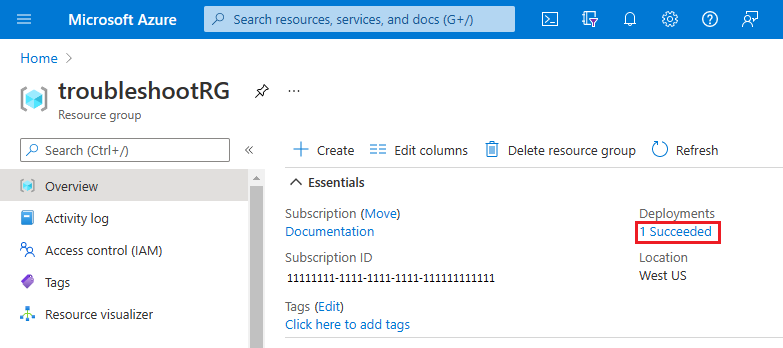 Screenshot del portale di Azure che evidenzia il collegamento alla cronologia di distribuzione di un gruppo di risorse nella sezione Panoramica.