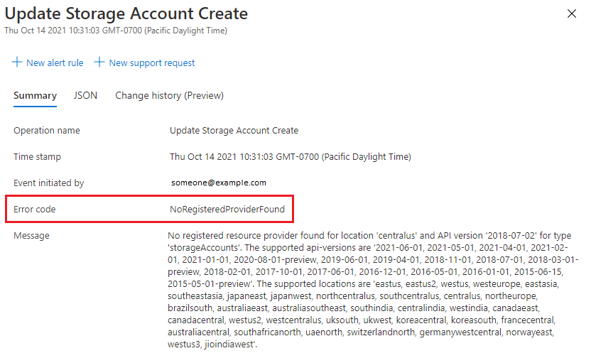 Screenshot dei dettagli del registro attività nel portale di Azure, che mostra il messaggio di errore e i dettagli dell'operazione di una distribuzione non riuscita.