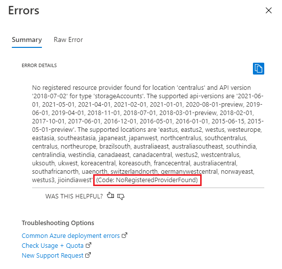 Screenshot di un riepilogo degli errori di distribuzione nel portale di Azure, che mostra il messaggio di errore e il codice di errore NoRegisteredProviderFound.