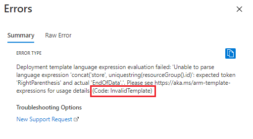 Schermata di un messaggio di errore di convalida nel Portale di Azure, che mostra un errore di sintassi con codice di errore InvalidTemplate.