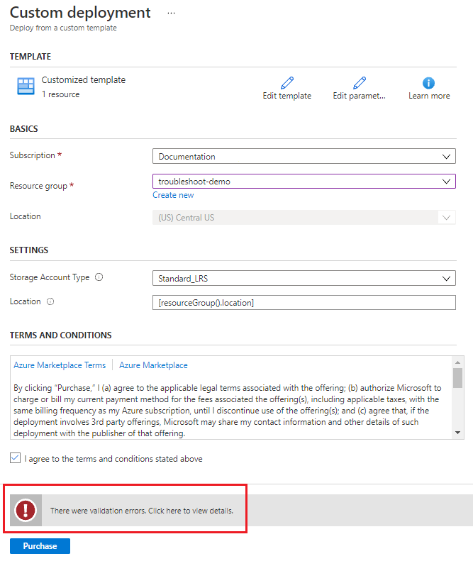 Screenshot di un errore di convalida nel portale Azure per un tentativo di distribuzione dell'account di archiviazione.