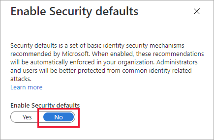 Attiva il toggle delle impostazioni predefinite di sicurezza su No