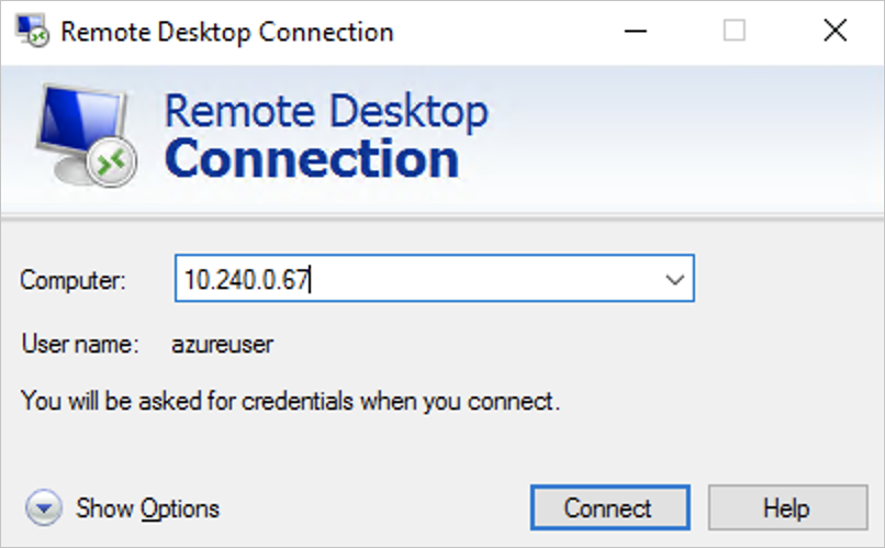 Immagine della connessione al nodo Windows Server tramite un client RDP