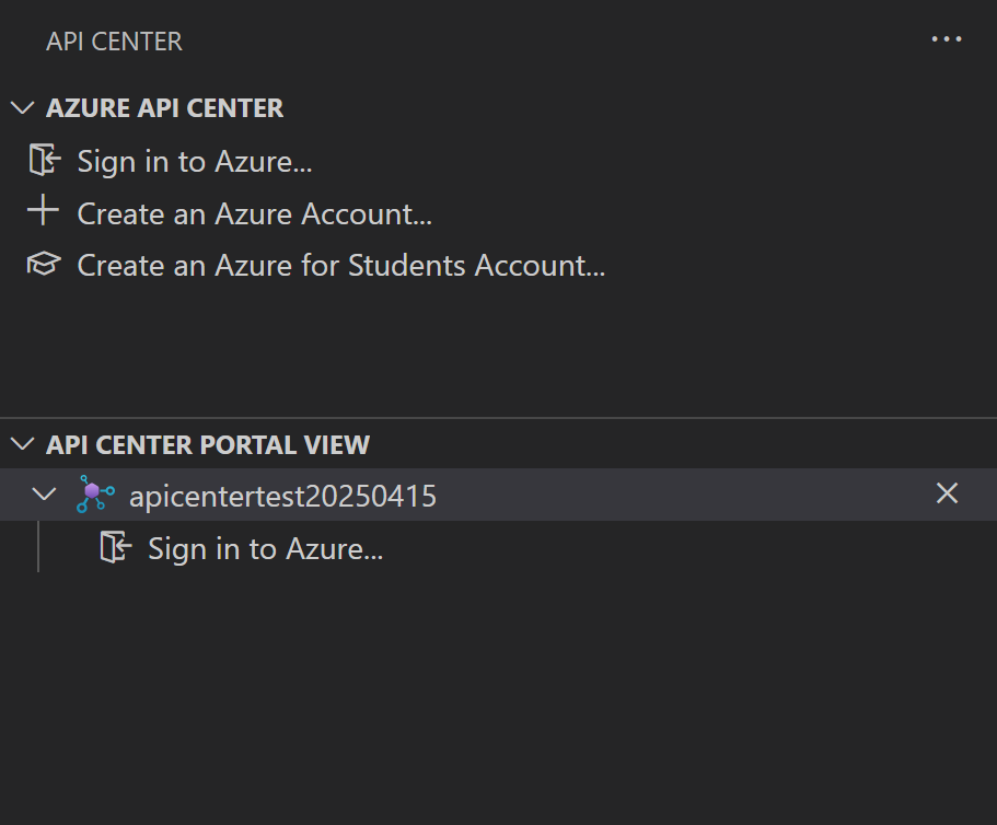 Screenshot della visualizzazione del portale di Centro API nell'estensione Centro API.