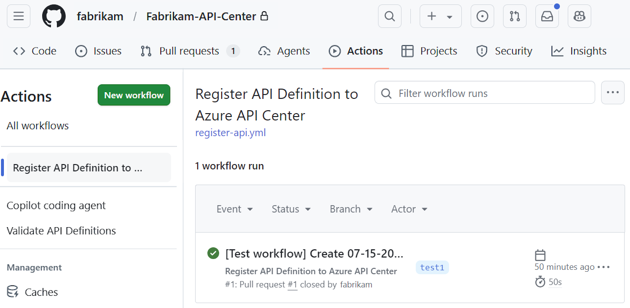 Screenshot che mostra l'esecuzione corretta del flusso di lavoro in GitHub.