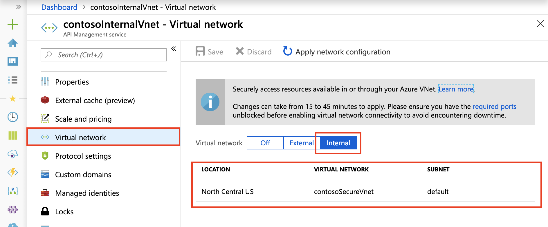 Screenshot che mostra come configurare una rete virtuale interna per un'istanza di gestione API nel portale Azure.
