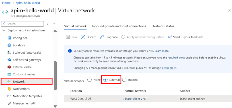 Screenshot delle impostazioni di rete nel portale Azure.