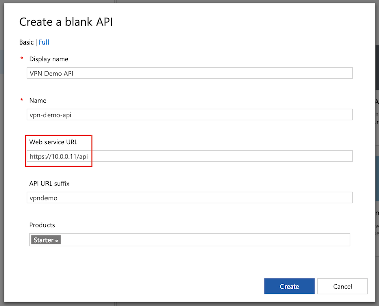 Screenshot che mostra come aggiungere l'API dalla rete virtuale nel portale.