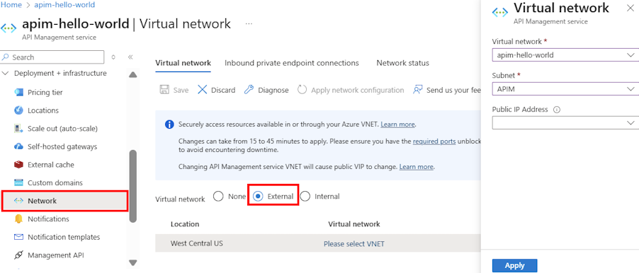 Screenshot che mostra la configurazione della rete virtuale nel portale.