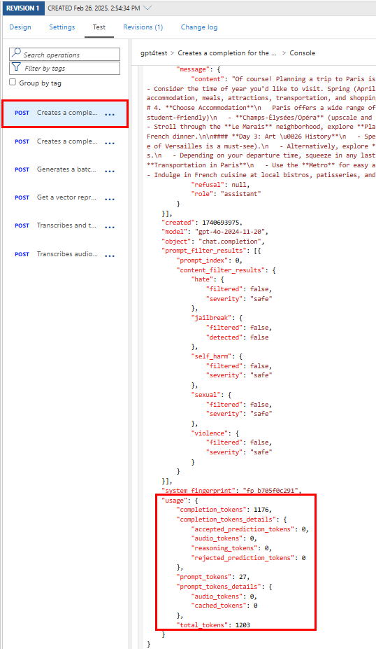 Screenshot dei dati sull'utilizzo dei token nella risposta API nel portale.