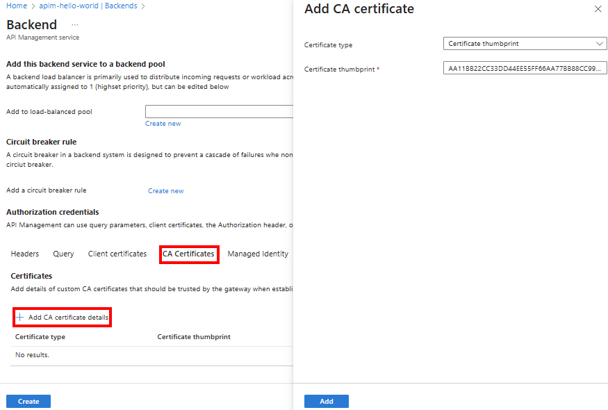 Screenshot della configurazione dei dettagli del certificato CA per un back-end nel portale.