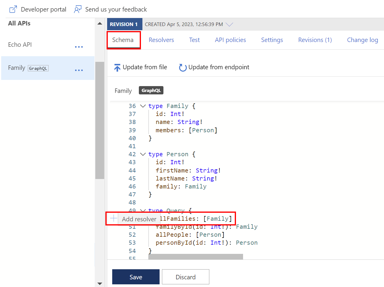 Screenshot dell'aggiunta di un sistema di risoluzione da un campo nello schema GraphQL nel portale di Azure.