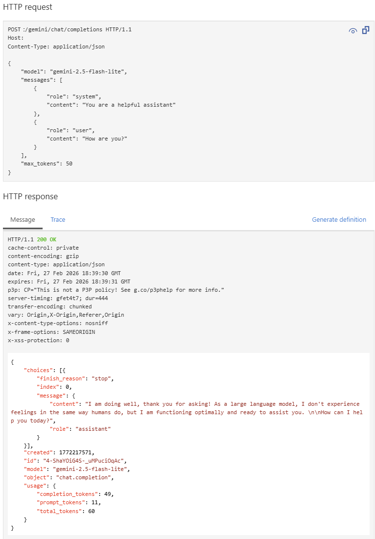 Screenshot del test di un'API Gemini LLM nel portale.