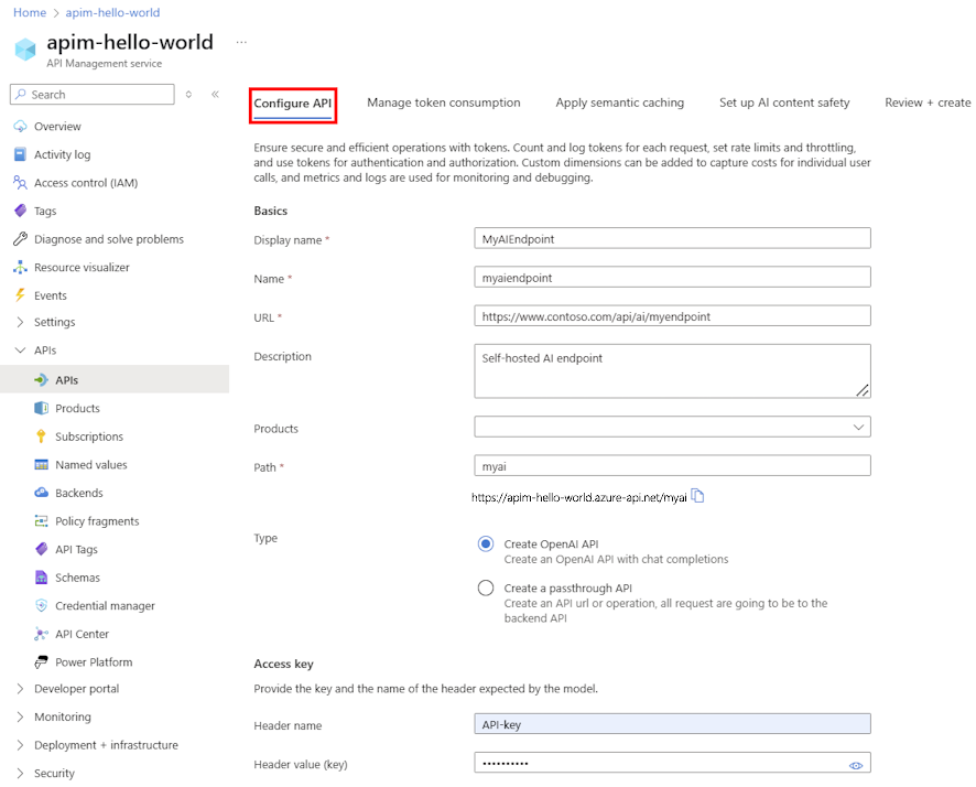 Screenshot della configurazione dell'API del modello linguistico nel portale.