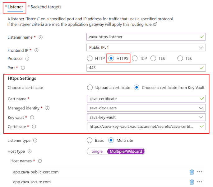 Screenshot che mostra come configurare il listener di una regola di routing HTTPS per il gateway applicativo.