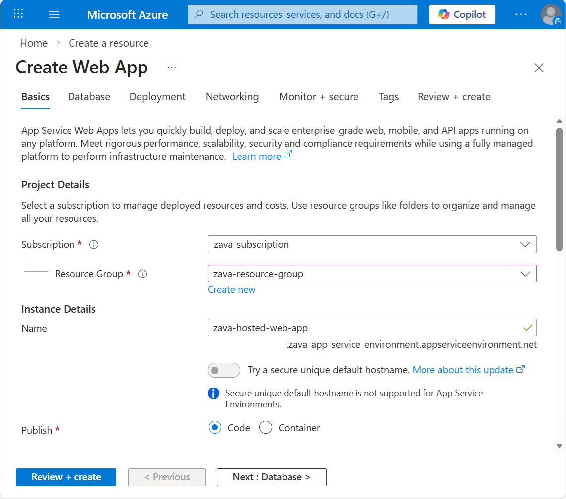 Screenshot che illustra come creare un'app Web in un ambiente del servizio app nel Azure portal.